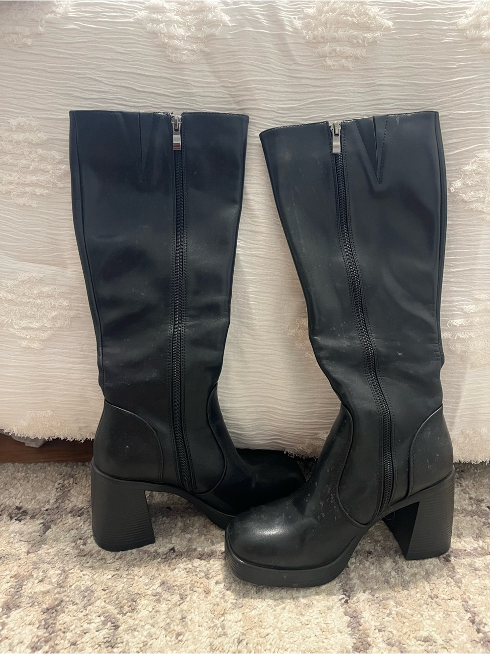 Classic Black Mid-Calf Platform Heeled Boots